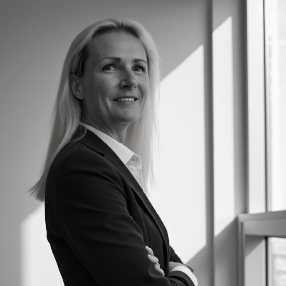 Schwarzweißbild von Manuela Burkhardt am Fenster, leicht lächelnd in schwarzem Hosenanzug mit weißer Bluse und verschränken Armen